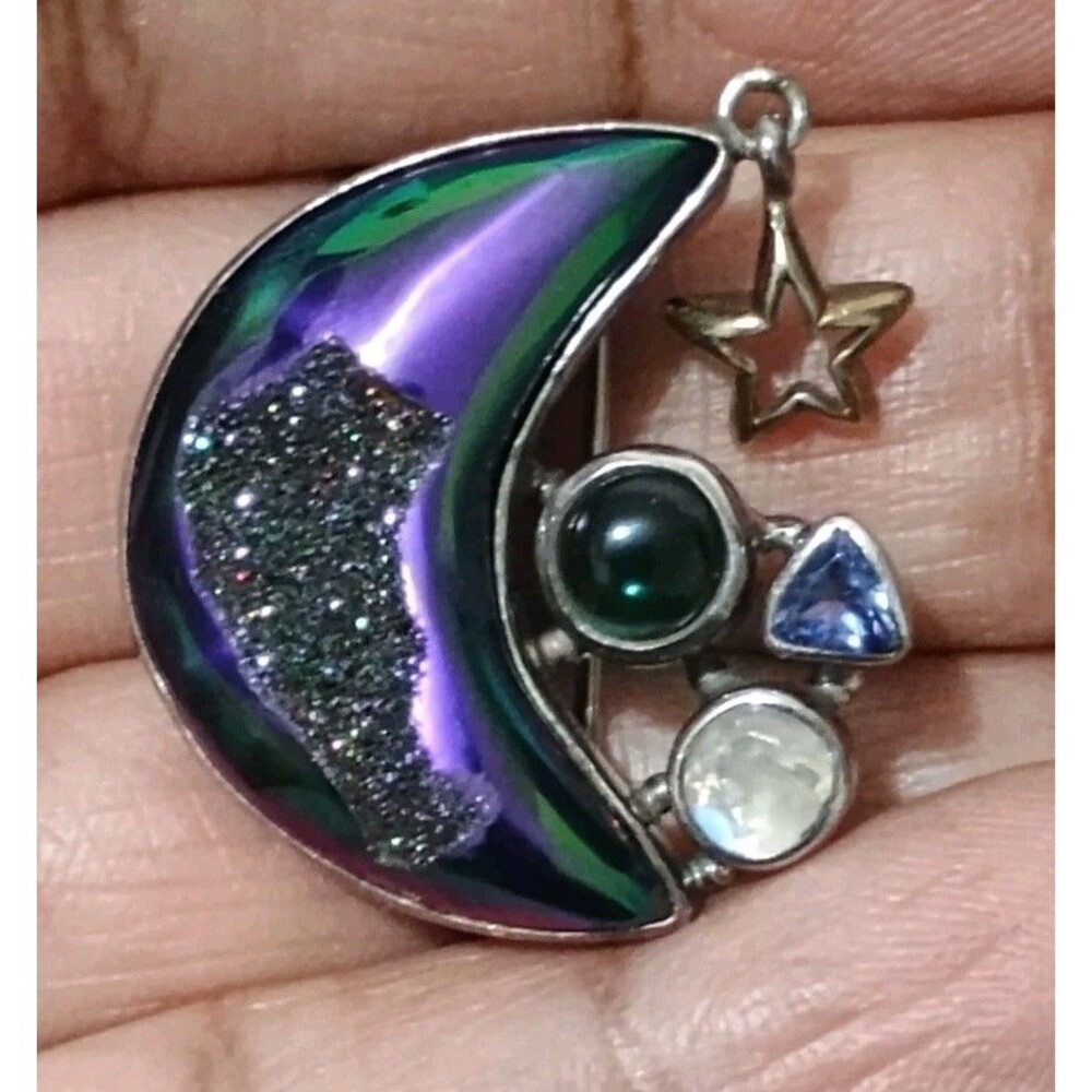 Moon Star Drusy Moonstone Sterling Silver Vintage Brooch Tested Celestial
